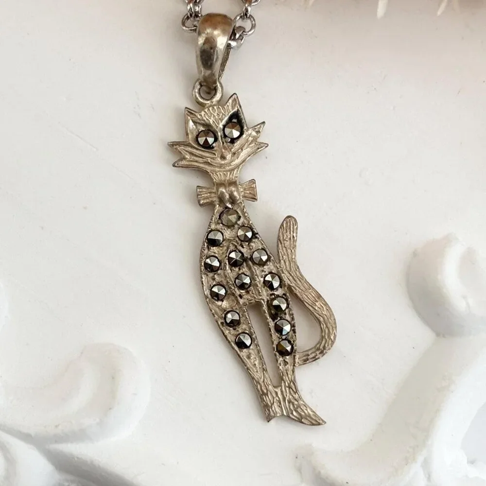 Art Deco Kitty Cat | Kitten Marcasite Sterling Silver Vintage Pendant Necklace